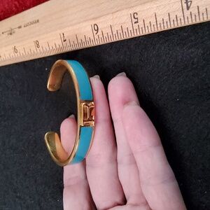 Gold-tone Turquoise Enamel Monogrammed "R" Cuff Bracelet